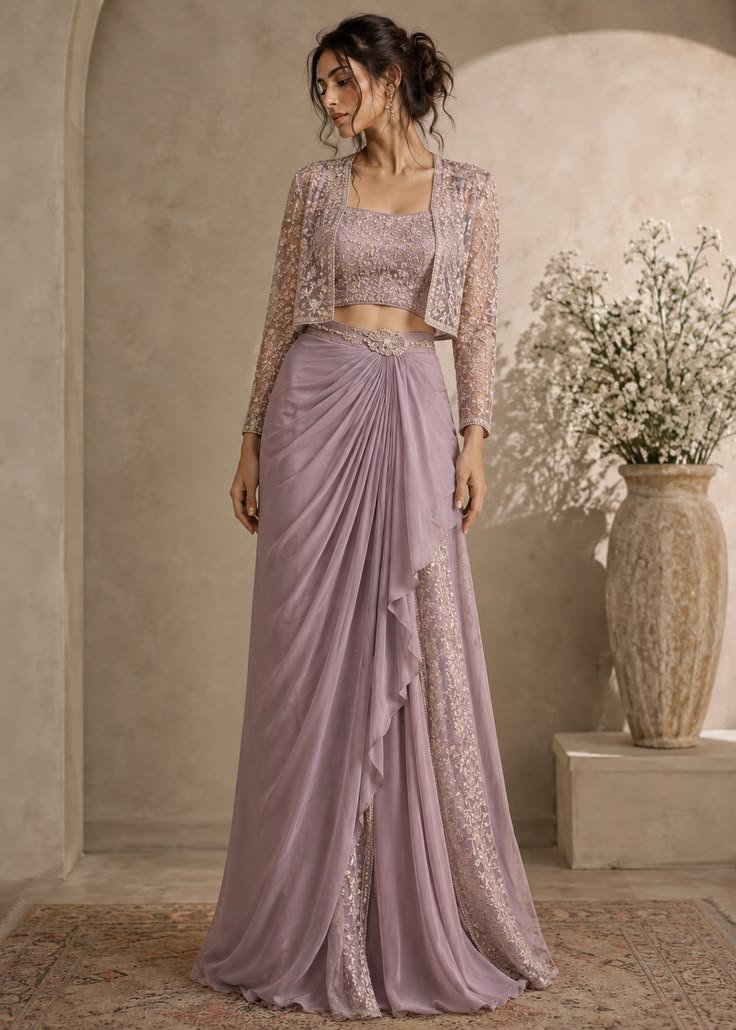lavender draped saree with jacket 💜 elegant indo western party wear look
